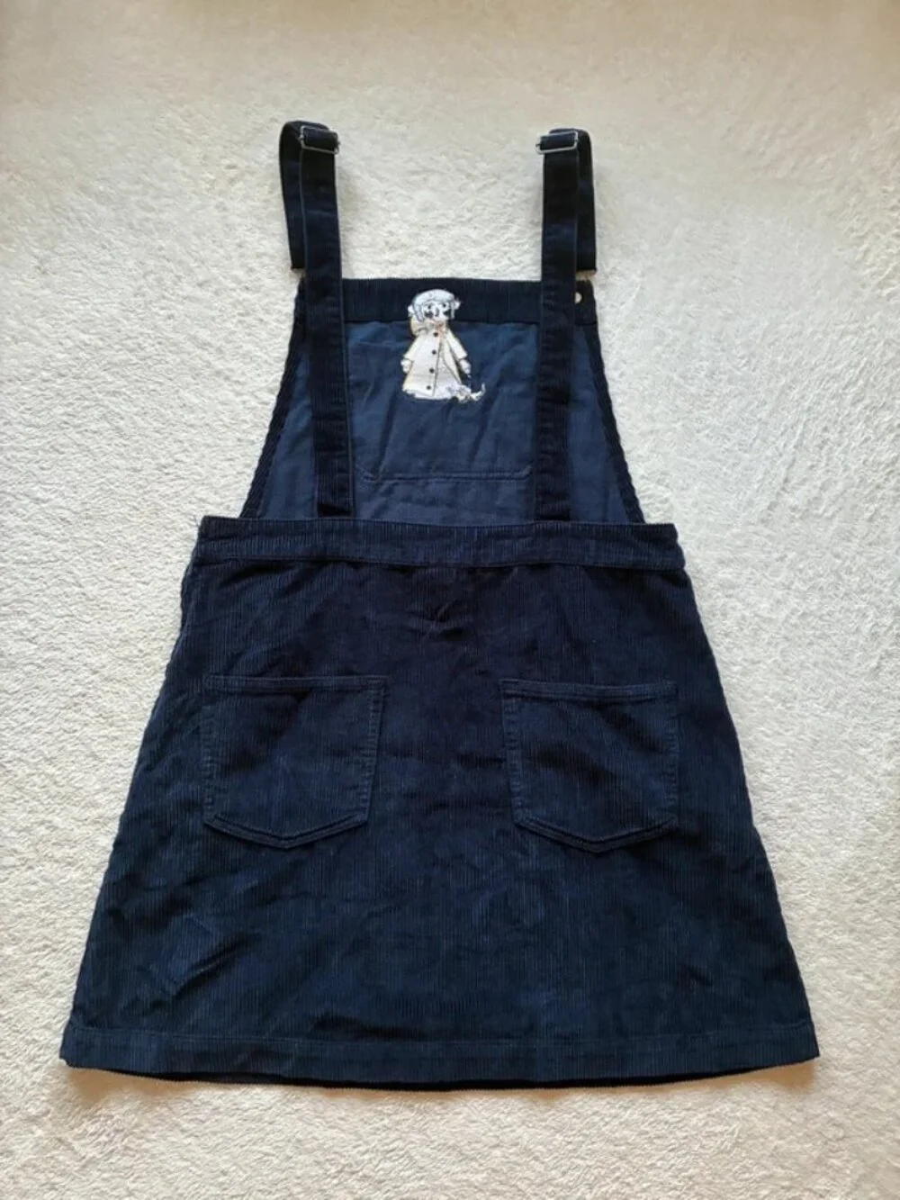 Coraline Corduroy Pinafore Dress Navy Embroidered Detail USL